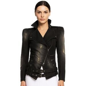 Balmain Distressed Black Denim Biker Jacket Belted Waist S/US4/FR36